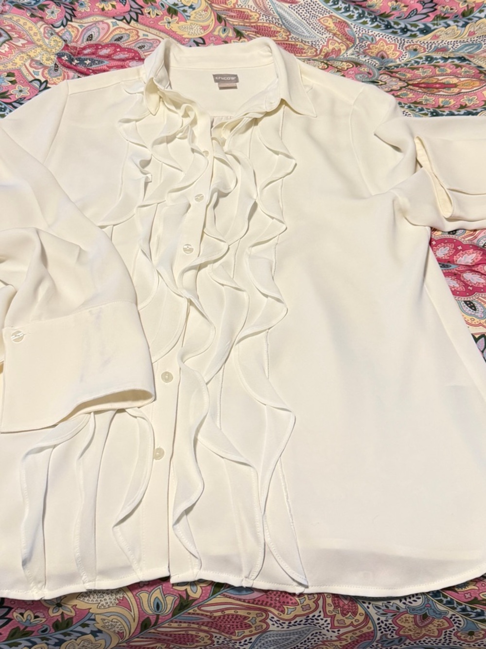 Chico's Cream Ruffled Button-Front Blouse - Picture 2 of 3